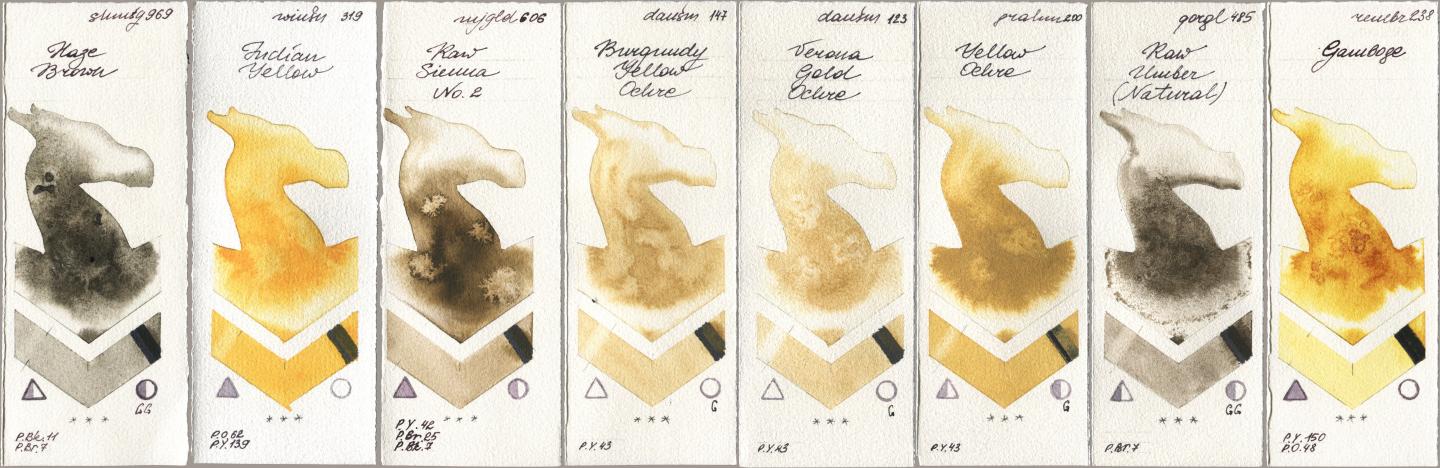 Shminke Horadam Aquarell 969 Haze Brown, Winsor & Newton Professional 319 Indian Yellow, Mijello Mission Gold 606 Raw Sienna No 2, Daniel Smith 147 Burgundy Yellow Ochre, 123 Verona Gold Ochre, M. Graham & Co. Artists 200 Yellow Ochre, Golden QOR 485 Raw Umber (Natural), Royal Talens Rembrandt Watercolour 238 Gambo watercolor swatch