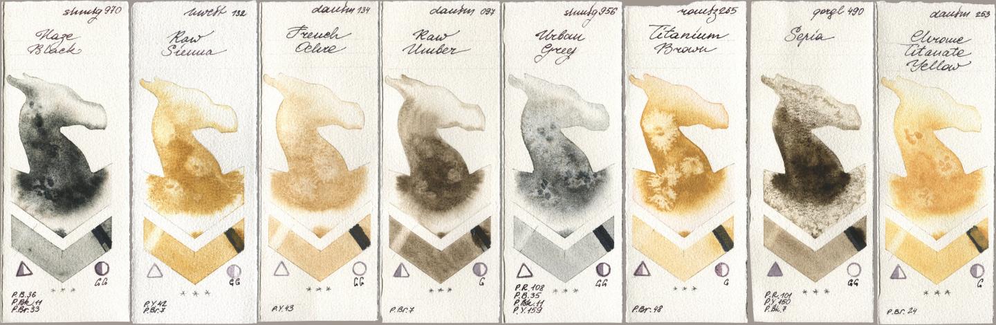 Shminke Horadam Aquarell 970 Haze Black, Holbein Artists Watercolor 132 Raw Sienna, Daniel Smith 134 French Ochre, 097 Raw Umber, 956 Urban Grey, Roman Szmal Aquarius 265 Titanium Brown, Golden QOR 490 Sepia, 253 Chrome Titanate Yell watercolor swatch