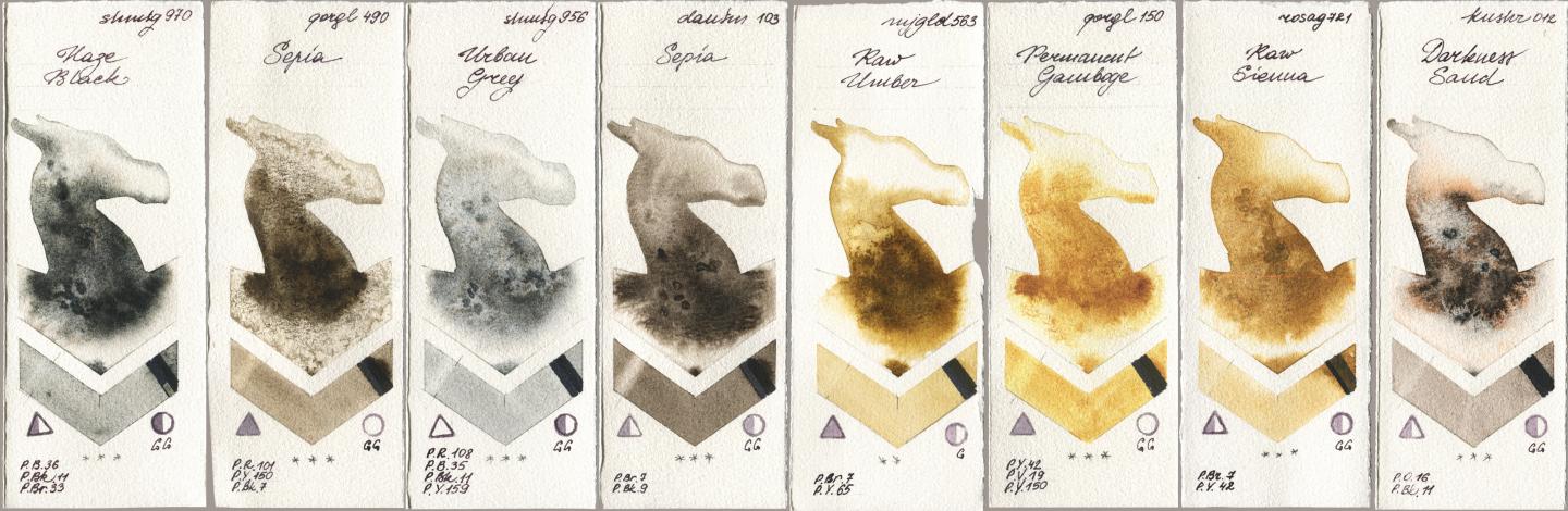 Shminke Horadam Aquarell 970 Haze Black, Golden QOR 490 Sepia, 956 Urban Grey, Daniel Smith 103 Sepia, Mijello Mission Gold 563 Raw Umber, 150 Permanent Gamboge, Rosa Gallery 721 Raw Sienna, Kusakabe 012 Darkness Sa watercolor swatch