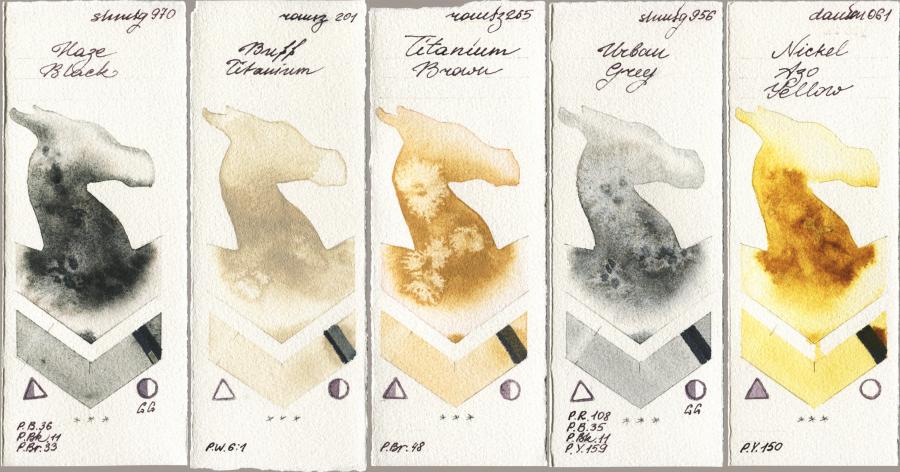 Shminke Horadam Aquarell 970 Haze Black vs Roman Szmal Aquarius 201 Buff Titanium vs 265 Titanium Brown vs 956 Urban Grey vs Daniel Smith 061 Nickel Azo Yellow watercolor swatch
