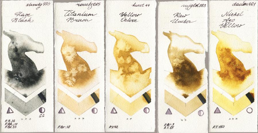 Shminke Horadam Aquarell 970 Haze Black vs Roman Szmal Aquarius 265 Titanium Brown vs Kuretake Gansai Tambi 044 Yellow Ochre vs Mijello Mission Gold 563 Raw Umber vs Daniel Smith 061 Nickel Azo Yellow watercolor swatch