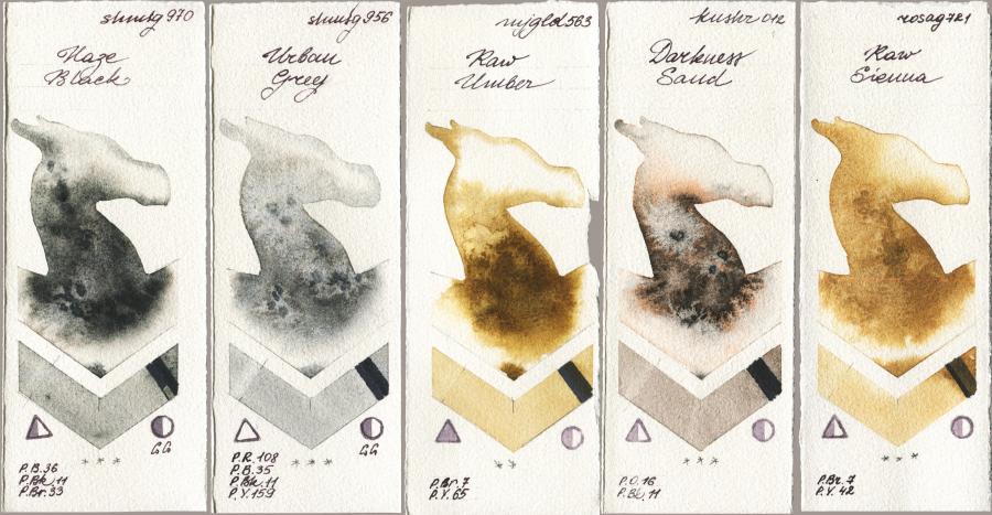 Shminke Horadam Aquarell 970 Haze Black vs 956 Urban Grey vs Mijello Mission Gold 563 Raw Umber vs Kusakabe 012 Darkness Sand vs Rosa Gallery 721 Raw Sienna watercolor swatch