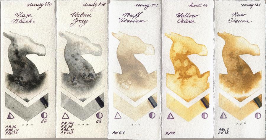 Shminke Horadam Aquarell 970 Haze Black vs 956 Urban Grey vs Roman Szmal Aquarius 201 Buff Titanium vs Kuretake Gansai Tambi 44 Yellow Ochre vs Rosa Gallery 721 Raw Sienna watercolor swatch