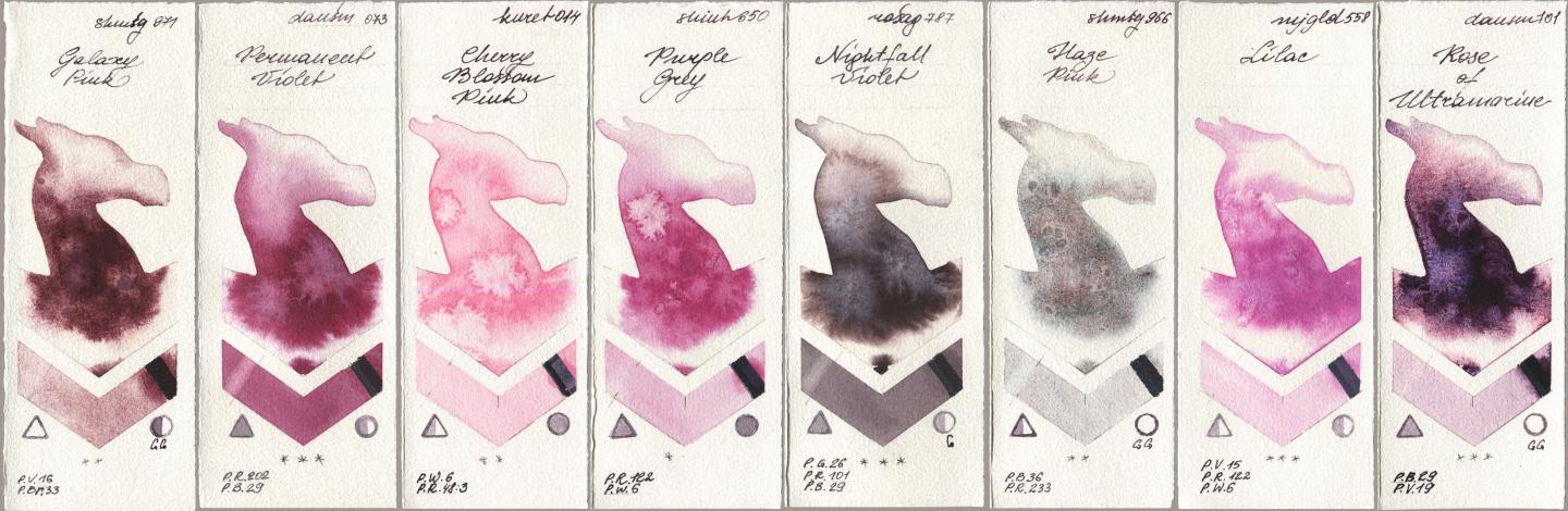 Shminke Horadam Aquarell 971 Galaxy Pink, Daniel Smith 073 Permanent Violet, Kuretake Gansai Tambi 014 Cherry Blossom Pink, Shinhan PWC 650 Purple Grey, Rosa Gallery 787 Nightfall Violet, 966 Haze Pink, Mijello Mission Gold 558 Lilac, 101 Rose of Ultramari watercolor swatch