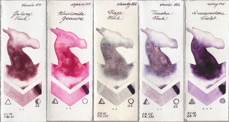 Shminke Horadam Aquarell 971 Galaxy Pink vs Daniel Smith 167 Rhodonite Genuine vs 966 Haze Pink vs 982 Tundra Pink vs Rosa Gallery 749 Quinacridone Violet watercolor swatch