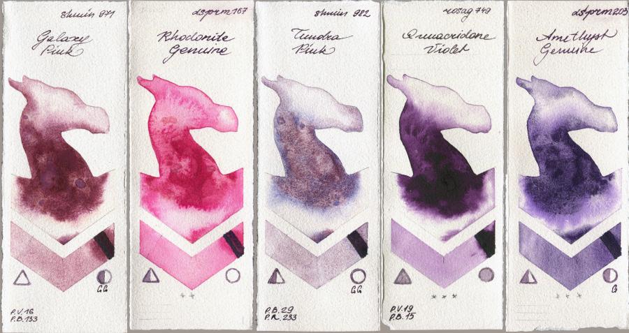 Shminke Horadam Aquarell 971 Galaxy Pink vs Daniel Smith 167 Rhodonite Genuine vs 982 Tundra Pink vs Rosa Gallery 749 Quinacridone Violet vs 203 Amethyst Genuine watercolor swatch