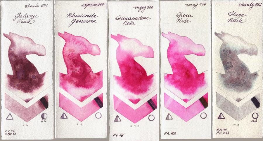 Shminke Horadam Aquarell 971 Galaxy Pink vs Daniel Smith 167 Rhodonite Genuine vs Royal Talens Van Gogh Watercolour 366 Quinacridone Rose vs Rosa Gallery 744 Opera Rose vs 966 Haze Pink watercolor swatch
