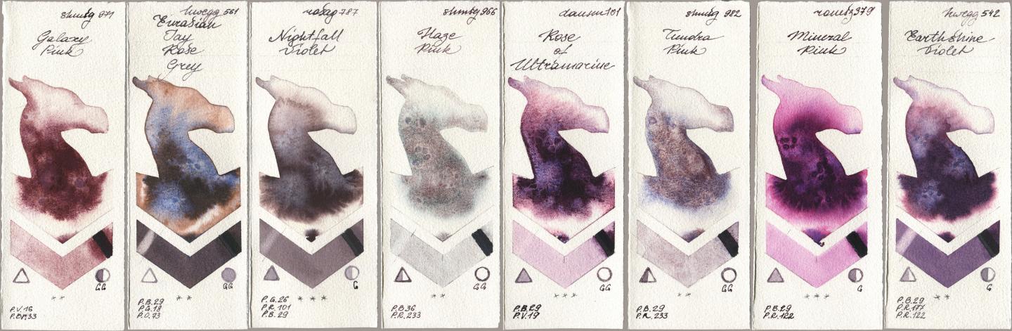 Shminke Horadam Aquarell 971 Galaxy Pink, Holbein Artists Watercolor 561 Eurasian Jay Rose Grey, Rosa Gallery 787 Nightfall Violet, 966 Haze Pink, Daniel Smith 101 Rose of Ultramarine, 982 Tundra Pink, Roman Szmal Aquarius 379 Mineral Pink, 542 Earthshine Viol watercolor swatch