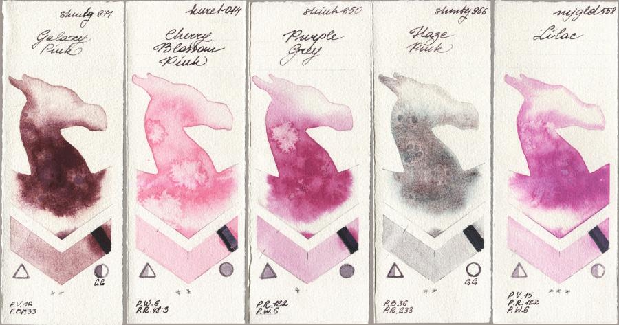 Shminke Horadam Aquarell 971 Galaxy Pink vs Kuretake Gansai Tambi 014 Cherry Blossom Pink vs Shinhan PWC 650 Purple Grey vs 966 Haze Pink vs Mijello Mission Gold 558 Lilac watercolor swatch