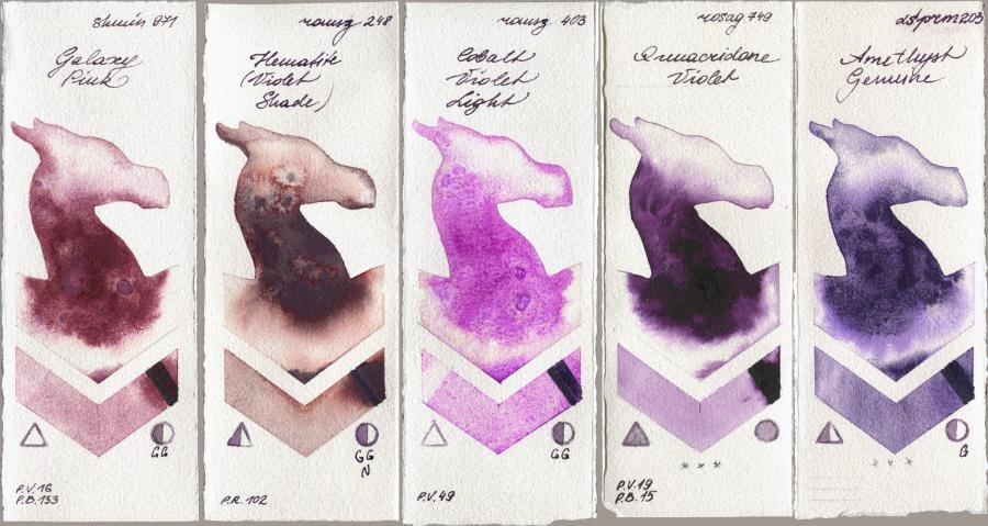 Shminke Horadam Aquarell 971 Galaxy Pink vs Roman Szmal Aquarius 248 Hematite (Violet Shade) vs 403 Cobalt Violet Light vs Rosa Gallery 749 Quinacridone Violet vs Daniel Smith 203 Amethyst Genuine watercolor swatch