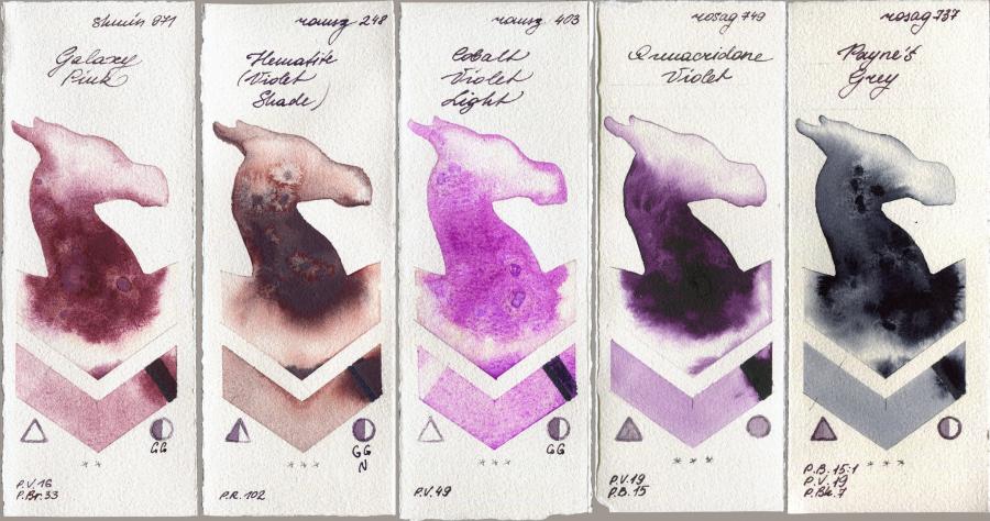 Shminke Horadam Aquarell 971 Galaxy Pink vs Roman Szmal Aquarius 248 Hematite (Violet Shade) vs 403 Cobalt Violet Light vs Rosa Gallery 749 Quinacridone Violet vs 737 Paynes Grey watercolor swatch