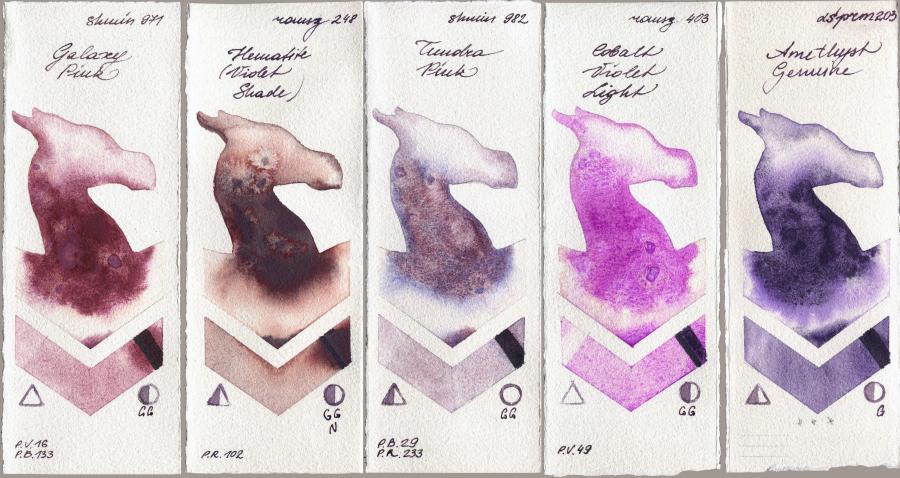 Shminke Horadam Aquarell 971 Galaxy Pink vs Roman Szmal Aquarius 248 Hematite (Violet Shade) vs 982 Tundra Pink vs 403 Cobalt Violet Light vs Daniel Smith 203 Amethyst Genuine watercolor swatch
