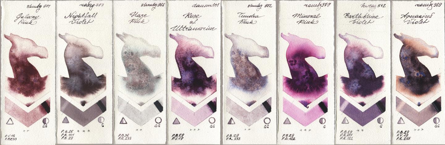 Shminke Horadam Aquarell 971 Galaxy Pink, Rosa Gallery 787 Nightfall Violet, 966 Haze Pink, Daniel Smith 101 Rose of Ultramarine, 982 Tundra Pink, Roman Szmal Aquarius 379 Mineral Pink, Holbein Artists Watercolor 542 Earthshine Violet, 369 Aquarius Viol watercolor swatch