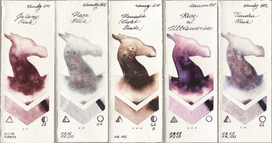 Shminke Horadam Aquarell 971 Galaxy Pink vs 966 Haze Pink vs Roman Szmal Aquarius 248 Hematite (Violet Shade) vs Daniel Smith 101 Rose of Ultramarine vs 982 Tundra Pink watercolor swatch