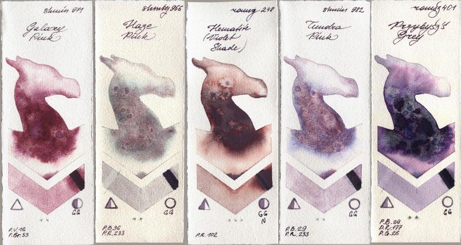 Shminke Horadam Aquarell 971 Galaxy Pink vs 966 Haze Pink vs Roman Szmal Aquarius 248 Hematite (Violet Shade) vs 982 Tundra Pink vs 401 Przybyszs Grey watercolor swatch