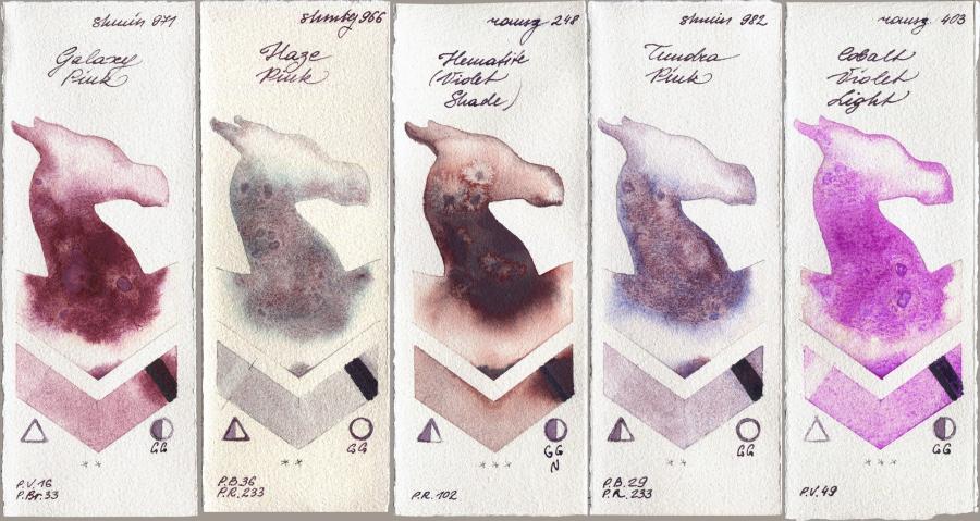 Shminke Horadam Aquarell 971 Galaxy Pink vs 966 Haze Pink vs Roman Szmal Aquarius 248 Hematite (Violet Shade) vs 982 Tundra Pink vs 403 Cobalt Violet Light watercolor swatch