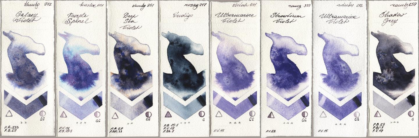 Shminke Horadam Aquarell 972 Galaxy Violet, Kusakabe 001 Purple Spinel, 951 Deep Sea Violet, Rosa Gallery 717 Indigo, Shinhan PWC 641 Ultramarine Violet, Roman Szmal Aquarius 377 Strontium Violet, Winsor & Newton Professional 672 Ultramarine Violet, 259 Shadow Gr watercolor swatch