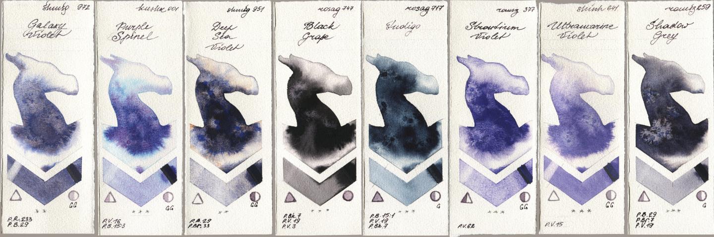 Shminke Horadam Aquarell 972 Galaxy Violet, Kusakabe 001 Purple Spinel, 951 Deep Sea Violet, Rosa Gallery 747 Black Grape, 717 Indigo, Roman Szmal Aquarius 377 Strontium Violet, Shinhan PWC 641 Ultramarine Violet, 259 Shadow Gr watercolor swatch