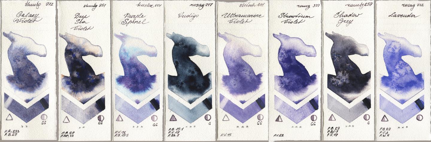 Shminke Horadam Aquarell 972 Galaxy Violet, 951 Deep Sea Violet, Kusakabe 001 Purple Spinel, Rosa Gallery 717 Indigo, Shinhan PWC 641 Ultramarine Violet, Roman Szmal Aquarius 377 Strontium Violet, 259 Shadow Grey, 742 Lavend watercolor swatch