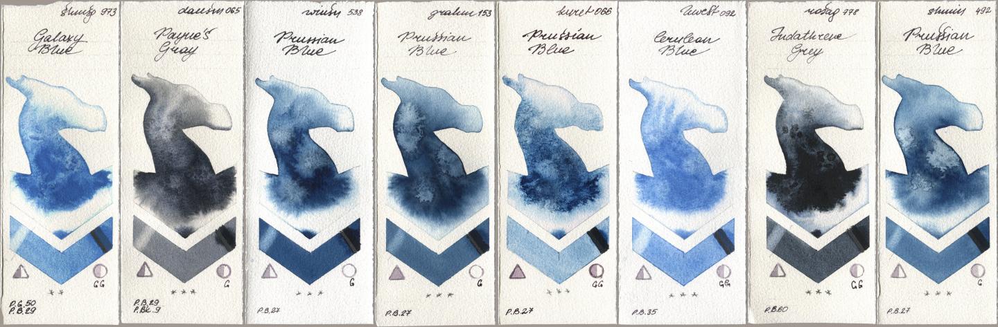 Shminke Horadam Aquarell 973 Galaxy Blue, Daniel Smith 065 Paynes Gray, Winsor & Newton Professional 538 Prussian Blue, M. Graham & Co. Artists 153 Prussian Blue, Kuretake Gansai Tambi 066 Prussian Blue, Holbein Artists Watercolor 092 Cerulean Blue, Rosa Gallery 778 Indanthrene Grey, 492 Prussian Bl watercolor swatch