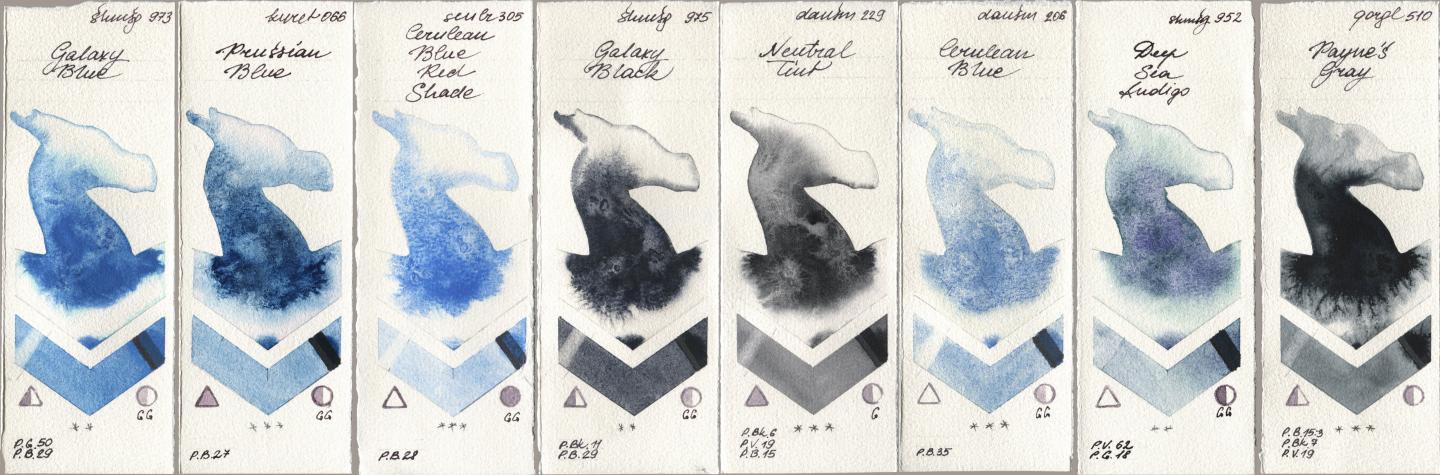 Shminke Horadam Aquarell 973 Galaxy Blue, Kuretake Gansai Tambi 066 Prussian Blue, Sennelier l Aquarelle 305 Cerulean Blue Red Shade, 975 Galaxy Black, Daniel Smith 229 Neutral Tint, 206 Cerulean Blue, 952 Deep Sea Indigo, Golden QOR 510 Paynes Gr watercolor swatch