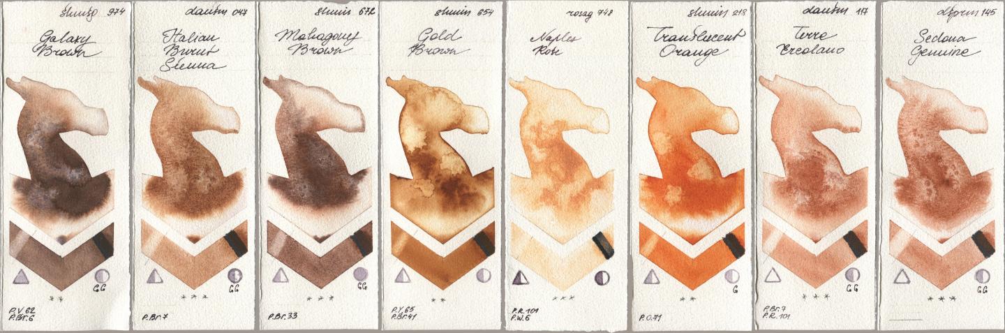 Shminke Horadam Aquarell 974 Galaxy Brown, Daniel Smith 047 Italian Burnt Sienna, 672 Mahagony Brown, 654 Gold Brown, Rosa Gallery 748 Naples Rose, 218 Translucent Orange / Transparent Orange, 117 Terre Ercolano, 145 Sedona Genui watercolor swatch