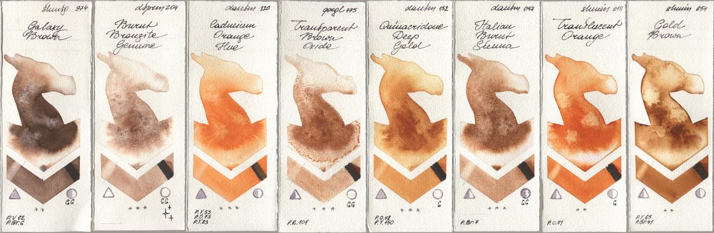 Shminke Horadam Aquarell 974 Galaxy Brown, Daniel Smith 204 Burnt Bronzite Genuine, 220 Cadmium Orange Hue, Golden QOR 475 Transparent Brown Oxide, 152 Quinacridone Deep Gold, 047 Italian Burnt Sienna, 218 Translucent Orange / Transparent Orange, 654 Gold Bro watercolor swatch