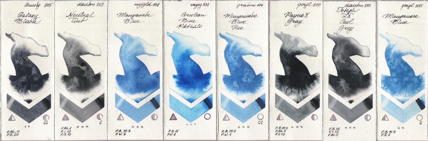 Shminke Horadam Aquarell 975 Galaxy Black, Daniel Smith 229 Neutral Tint, Mijello Mission Gold 548 Manganese Blue, Royal Talens Van Gogh Watercolour 535 Cerulean Blue Phthalo, M. Graham & Co. Artists 114 Manganese Blue Hue, Golden QOR 510 Paynes Gray, 245 Joseph Zs Cool Grey, 355 Manganese Bl watercolor swatch