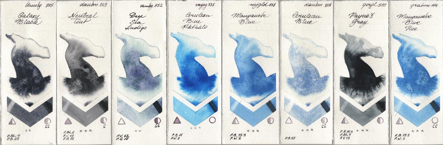 Shminke Horadam Aquarell 975 Galaxy Black, Daniel Smith 229 Neutral Tint, 952 Deep Sea Indigo, Royal Talens Van Gogh Watercolour 535 Cerulean Blue Phthalo, Mijello Mission Gold 548 Manganese Blue, 206 Cerulean Blue, Golden QOR 510 Paynes Gray, M. Graham & Co. Artists 114 Manganese Blue H watercolor swatch