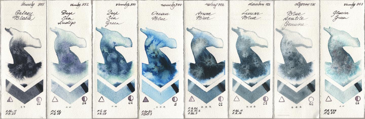 Shminke Horadam Aquarell 975 Galaxy Black, 952 Deep Sea Indigo, 954 Deep Sea Green, Roman Szmal Aquarius 344 Ocean Blue, Rosa Gallery 762 Azure Blue, Daniel Smith 183 Lunar Blue, 196 Blue Apatite Genuine, 963 Glacier Gre watercolor swatch
