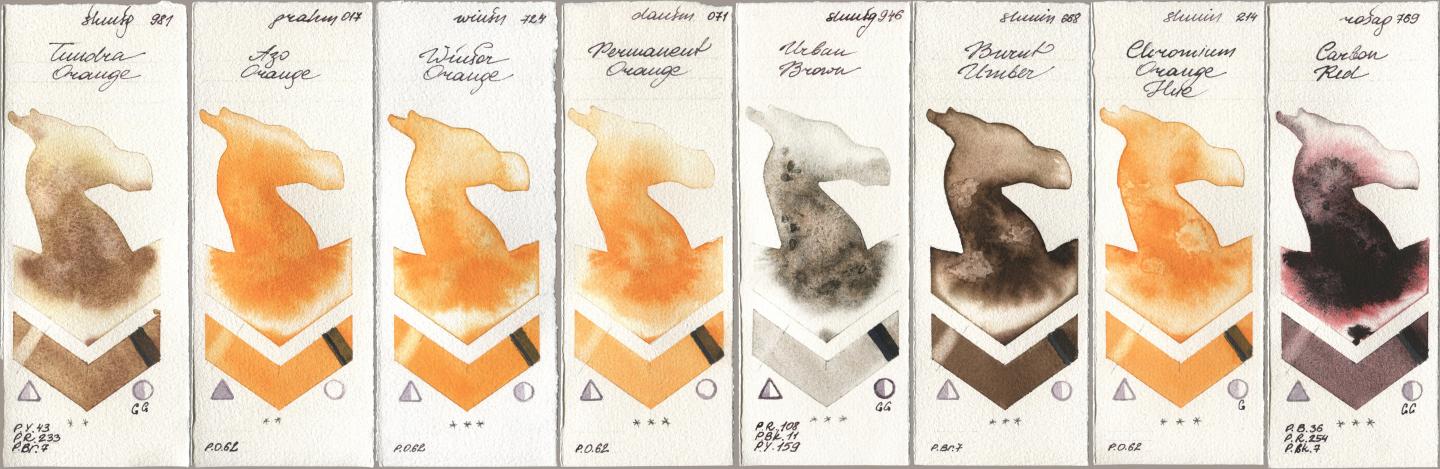 Shminke Horadam Aquarell 981 Tundra Orange, M. Graham & Co. Artists 017 Azo Orange, Winsor & Newton Professional 724 Winsor Orange, Daniel Smith 071 Permanent Orange, 946 Urban Brown, 668 Burnt Umber, 214 Chrome Organge LF (Chromium Orange Hue), Rosa Gallery 769 Carbon R watercolor swatch