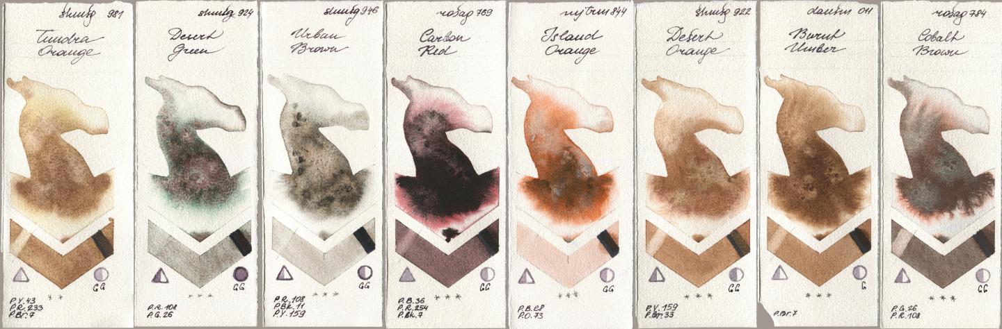 Shminke Horadam Aquarell 981 Tundra Orange, 924 Desert Green, 946 Urban Brown, Rosa Gallery 769 Carbon Red, Mijello Mission Gold 844 Island Orange, 922 Desert Orange, Daniel Smith 011 Burnt Umber, 784 Cobalt Bro watercolor swatch