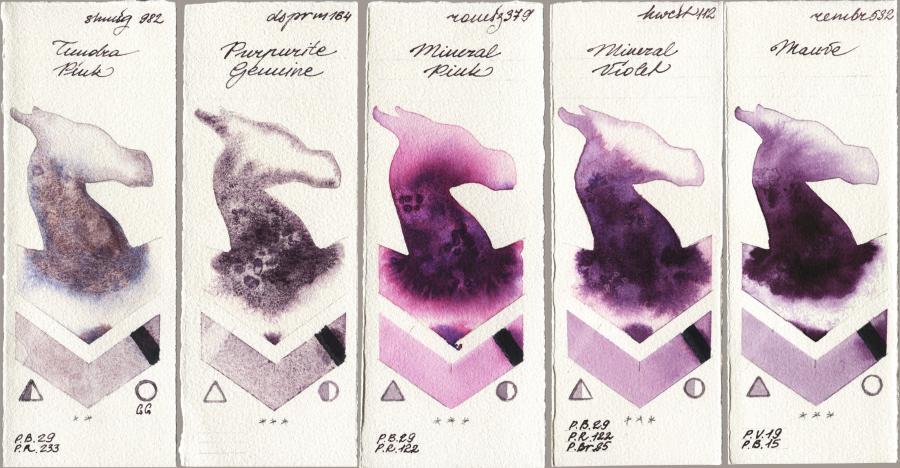 Shminke Horadam Aquarell 982 Tundra Pink vs Daniel Smith 164 Purpurite Genuine vs Roman Szmal Aquarius 379 Mineral Pink vs Holbein Artists Watercolor 112 Mineral Violet vs Royal Talens Rembrandt Watercolour 532 Mauve watercolor swatch