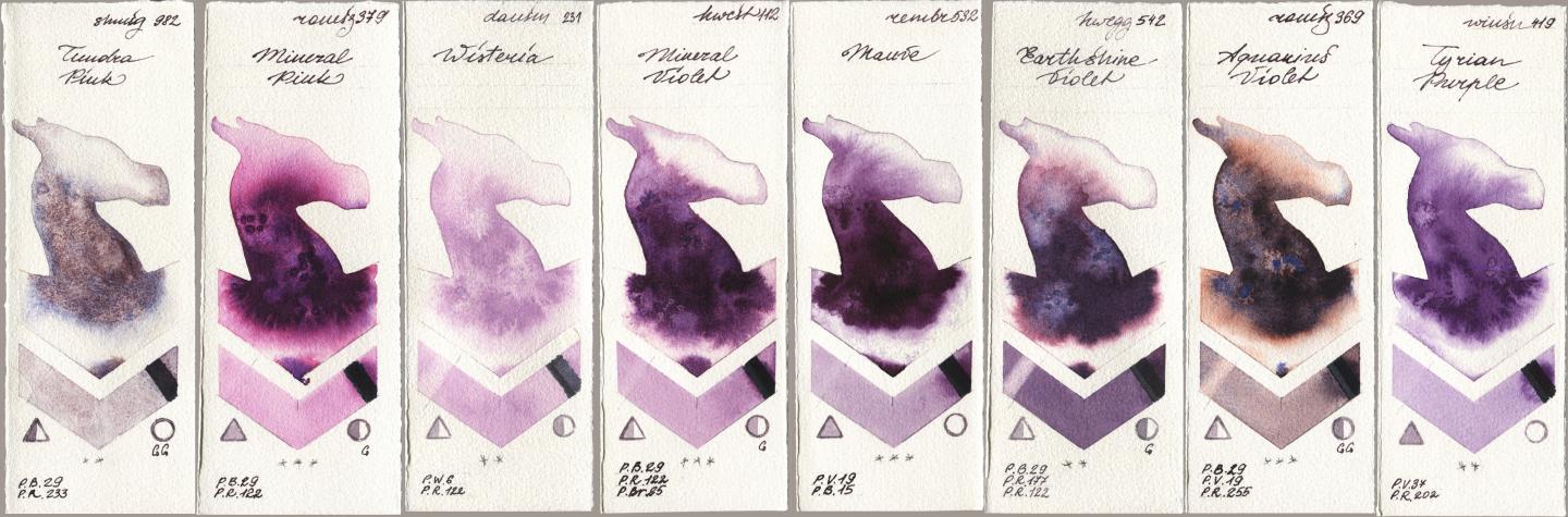 Shminke Horadam Aquarell 982 Tundra Pink, Roman Szmal Aquarius 379 Mineral Pink, Daniel Smith 231 Wisteria, Holbein Artists Watercolor 112 Mineral Violet, Royal Talens Rembrandt Watercolour 532 Mauve, 542 Earthshine Violet, 369 Aquarius Violet, Winsor & Newton Professional 419 Tyrian Purp watercolor swatch