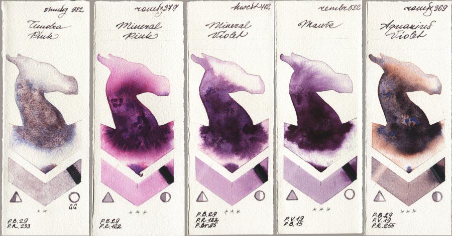 Shminke Horadam Aquarell 982 Tundra Pink vs Roman Szmal Aquarius 379 Mineral Pink vs Holbein Artists Watercolor 112 Mineral Violet vs Royal Talens Rembrandt Watercolour 532 Mauve vs 369 Aquarius Violet watercolor swatch