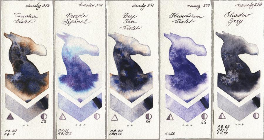 Shminke Horadam Aquarell 983 Tundra Violet vs Kusakabe 001 Purple Spinel vs 951 Deep Sea Violet vs Roman Szmal Aquarius 377 Strontium Violet vs 259 Shadow Grey watercolor swatch