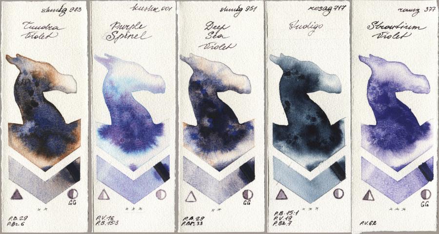 Shminke Horadam Aquarell 983 Tundra Violet vs Kusakabe 001 Purple Spinel vs 951 Deep Sea Violet vs Rosa Gallery 717 Indigo vs Roman Szmal Aquarius 377 Strontium Violet watercolor swatch