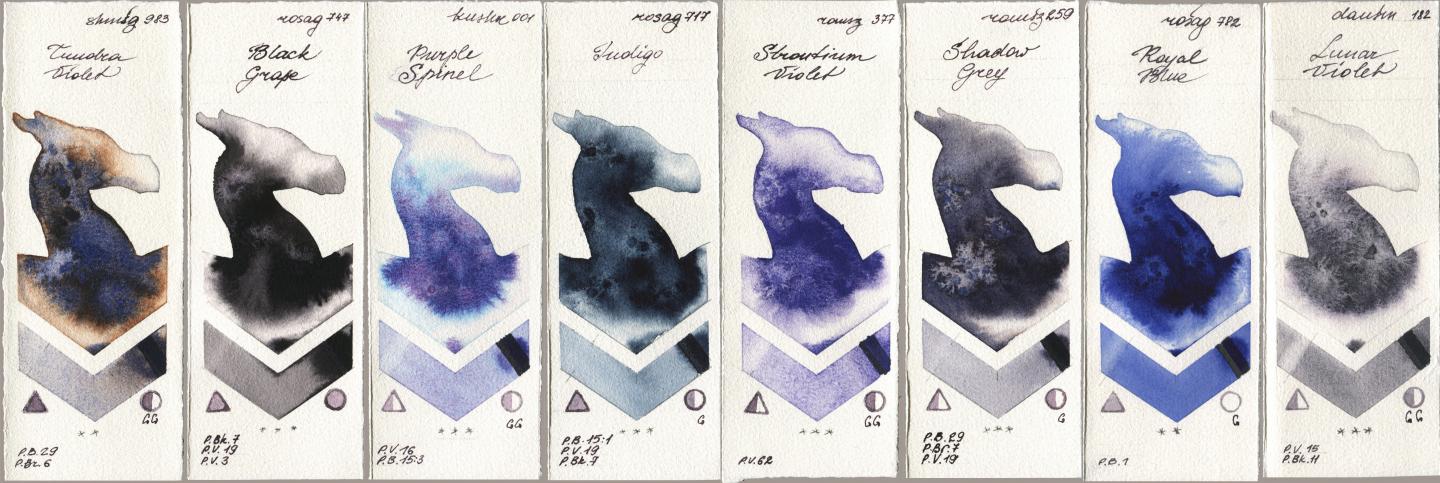 Shminke Horadam Aquarell 983 Tundra Violet, Rosa Gallery 747 Black Grape, Kusakabe 001 Purple Spinel, 717 Indigo, Roman Szmal Aquarius 377 Strontium Violet, 259 Shadow Grey, 782 Royal Blue, Daniel Smith 182 Lunar Viol watercolor swatch
