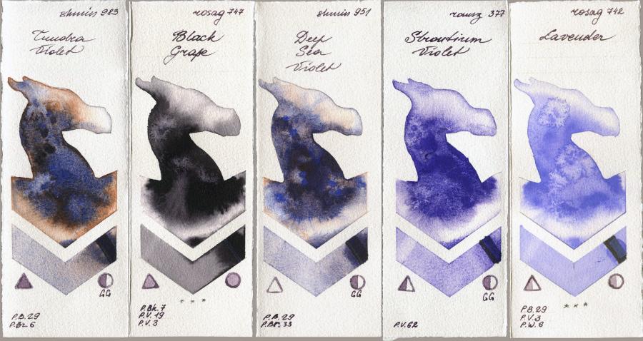Shminke Horadam Aquarell 983 Tundra Violet vs Rosa Gallery 747 Black Grape vs 951 Deep Sea Violet vs Roman Szmal Aquarius 377 Strontium Violet vs 742 Lavender watercolor swatch