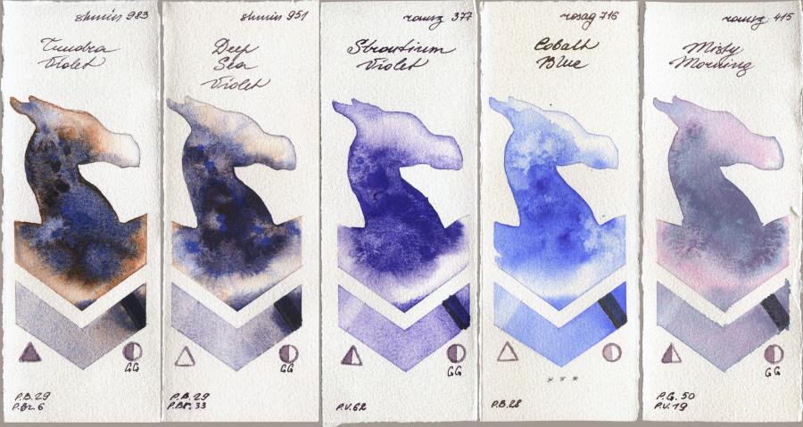 Shminke Horadam Aquarell 983 Tundra Violet vs 951 Deep Sea Violet vs Roman Szmal Aquarius 377 Strontium Violet vs Rosa Gallery 716 Cobalt Blue vs 415 Misty Morning watercolor swatch