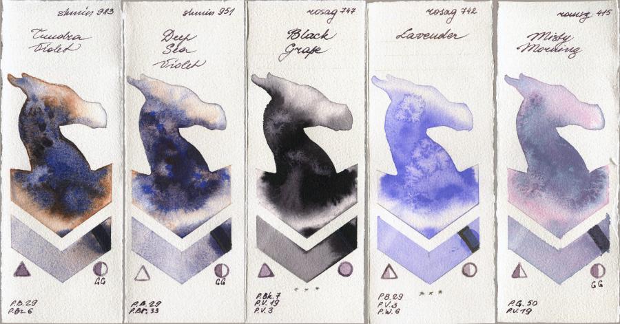 Shminke Horadam Aquarell 983 Tundra Violet vs 951 Deep Sea Violet vs Rosa Gallery 747 Black Grape vs 742 Lavender vs Roman Szmal Aquarius 415 Misty Morning watercolor swatch