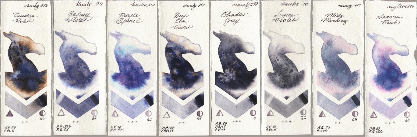 Shminke Horadam Aquarell 983 Tundra Violet, 972 Galaxy Violet, Kusakabe 001 Purple Spinel, 951 Deep Sea Violet, Roman Szmal Aquarius 259 Shadow Grey, Daniel Smith 182 Lunar Violet, 415 Misty Morning, Mijello Mission Gold 814 Aurora Pi watercolor swatch