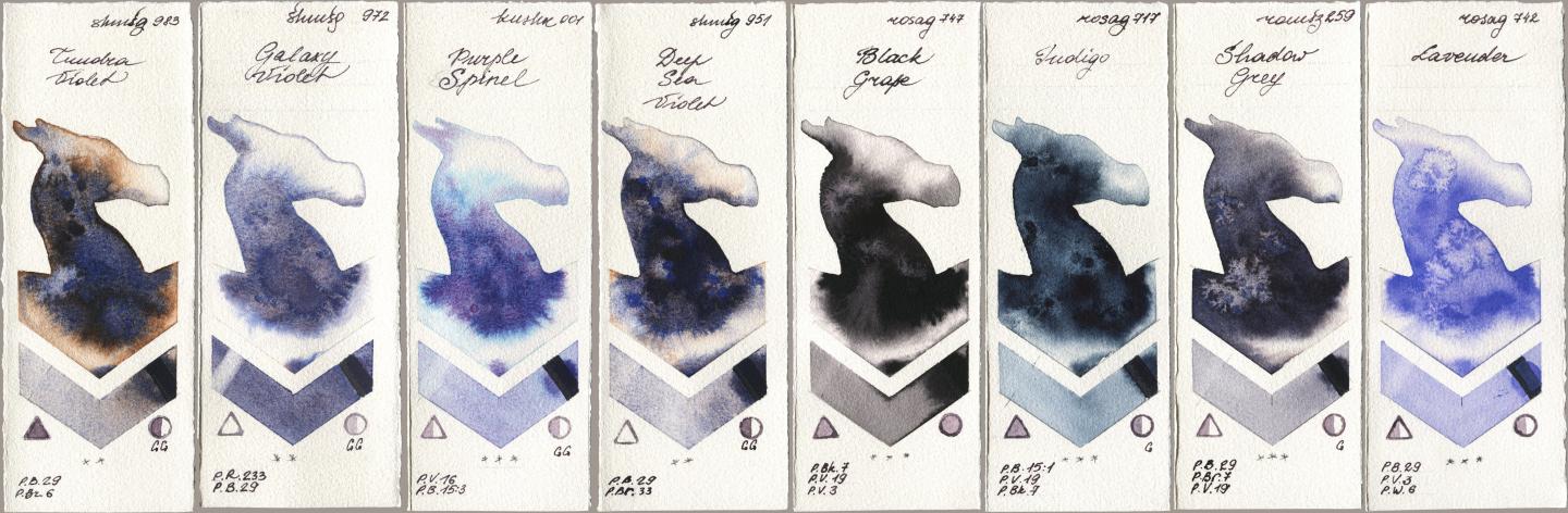Shminke Horadam Aquarell 983 Tundra Violet, 972 Galaxy Violet, Kusakabe 001 Purple Spinel, 951 Deep Sea Violet, Rosa Gallery 747 Black Grape, 717 Indigo, Roman Szmal Aquarius 259 Shadow Grey, 742 Lavend watercolor swatch