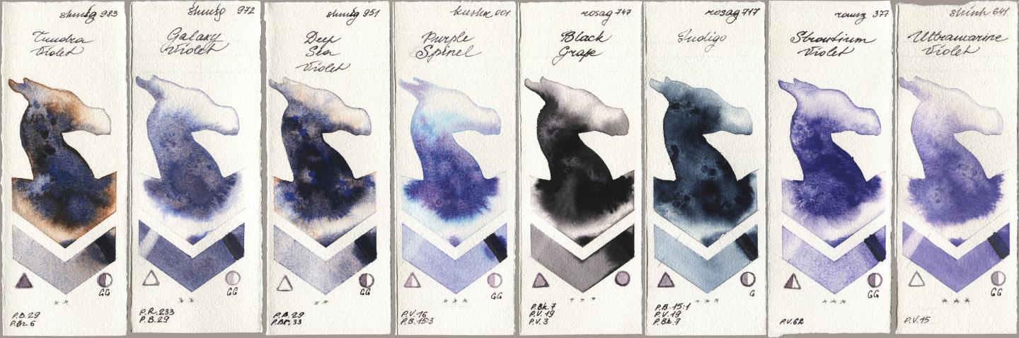 Shminke Horadam Aquarell 983 Tundra Violet, 972 Galaxy Violet, 951 Deep Sea Violet, Kusakabe 001 Purple Spinel, Rosa Gallery 747 Black Grape, 717 Indigo, Roman Szmal Aquarius 377 Strontium Violet, Shinhan PWC 641 Ultramarine Viol watercolor swatch