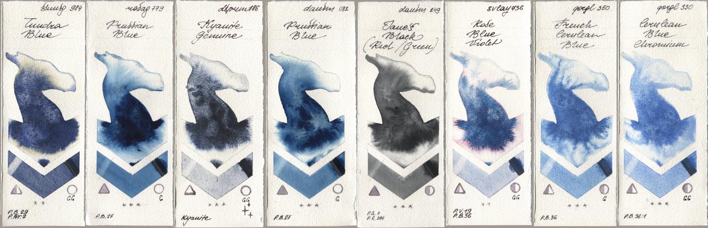 Shminke Horadam Aquarell 984 Tundra Blue, Rosa Gallery 779 Prussian Blue, Daniel Smith 186 Kyanite Genuine, 082 Prussian Blue, 249 Janes Black (Red/Green), SuperVision 736 Rose Blue Violet, Golden QOR 350 French Cerulean Blue, 330 Cerulean Blue, Chromi watercolor swatch