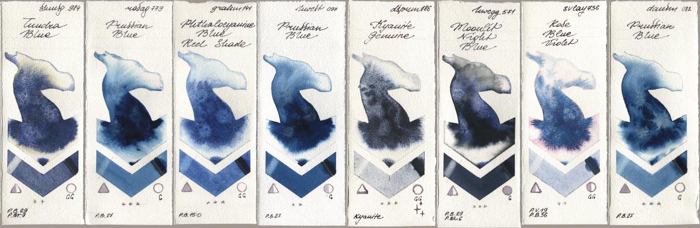 Shminke Horadam Aquarell 984 Tundra Blue, Rosa Gallery 779 Prussian Blue, M. Graham & Co. Artists 141 Phthalocyanine Blue Red Shade, Holbein Artists Watercolor 097 Prussian Blue, Daniel Smith 186 Kyanite Genuine, 571 Moonlit Night Blue, SuperVision 736 Rose Blue Violet, 082 Prussian Bl watercolor swatch