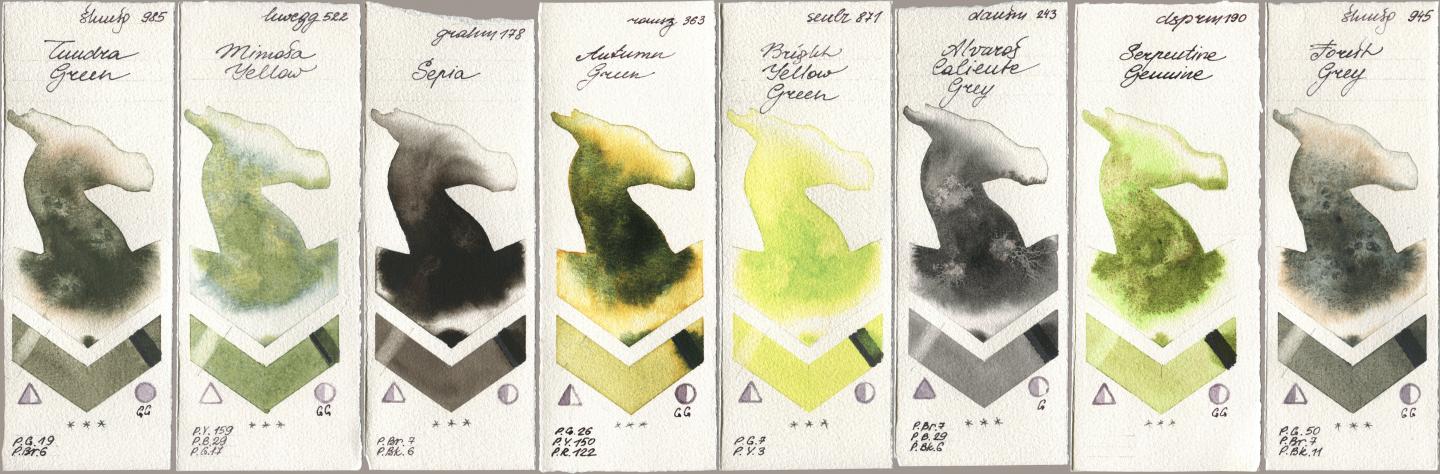 Shminke Horadam Aquarell 985 Tundra Green, Holbein Artists Watercolor 522 Mimosa Yellow, M. Graham & Co. Artists 178 Sepia, Roman Szmal Aquarius 363 Autumn Green, Sennelier l Aquarelle 871 Bright Yellow Green, Daniel Smith 243 Alvaros Caliente Grey, 190 Serpentine Genuine, 945 Forest Gr watercolor swatch