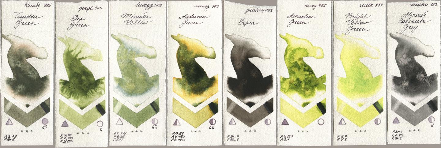 Shminke Horadam Aquarell 985 Tundra Green, Golden QOR 400 Sap Green, Holbein Artists Watercolor 522 Mimosa Yellow, Roman Szmal Aquarius 363 Autumn Green, M. Graham & Co. Artists 178 Sepia, Rosa Gallery 755 Aureoline Green, Sennelier l Aquarelle 871 Bright Yellow Green, Daniel Smith 243 Alvaros Caliente Gr watercolor swatch