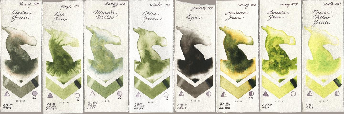 Shminke Horadam Aquarell 985 Tundra Green, Golden QOR 400 Sap Green, Holbein Artists Watercolor 522 Mimosa Yellow, Winsor & Newton Professional 447 Olive Green, M. Graham & Co. Artists 178 Sepia, Roman Szmal Aquarius 363 Autumn Green, Rosa Gallery 755 Aureoline Green, Sennelier l Aquarelle 871 Bright Yellow Gre watercolor swatch