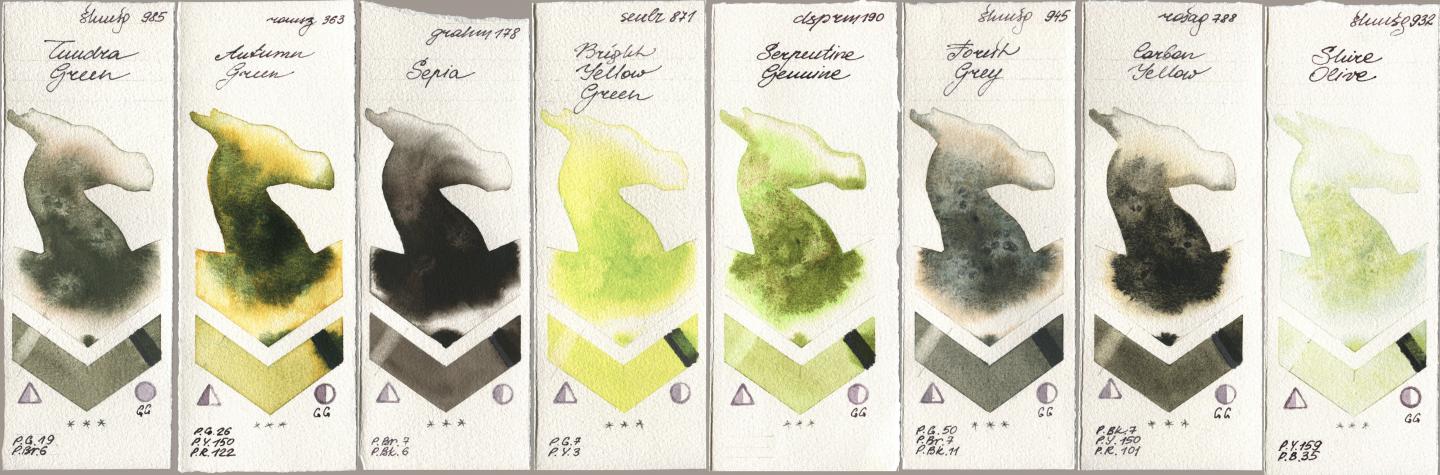 Shminke Horadam Aquarell 985 Tundra Green, Roman Szmal Aquarius 363 Autumn Green, M. Graham & Co. Artists 178 Sepia, Sennelier l Aquarelle 871 Bright Yellow Green, Daniel Smith 190 Serpentine Genuine, 945 Forest Grey, Rosa Gallery 788 Carbon Yellow, 932 Shire Oli watercolor swatch